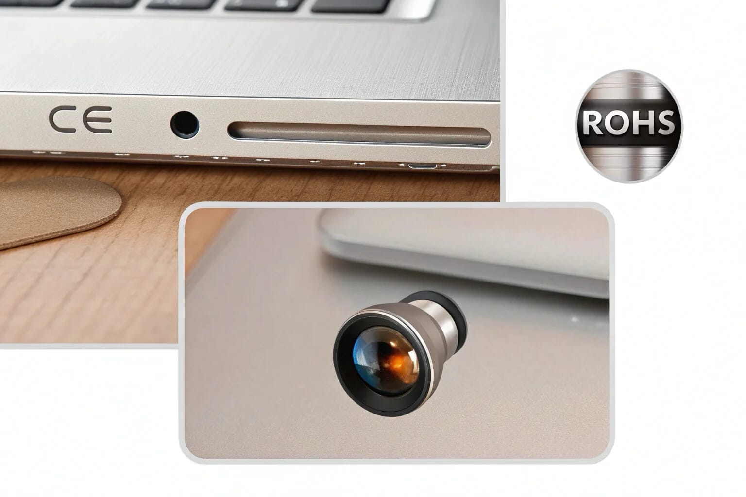 Photo macro d'un mini objectif d'appareil photo avec les symboles de certification CE et RoHS flous en arrière-plan