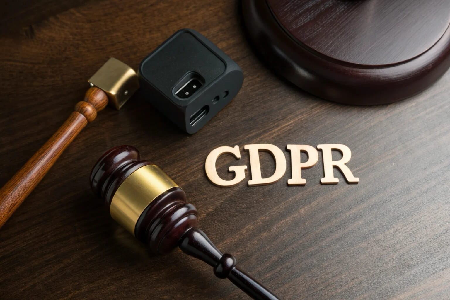 Un marteau du tribunal et un logo GDPR attaché à une caméra discrète sur un écran