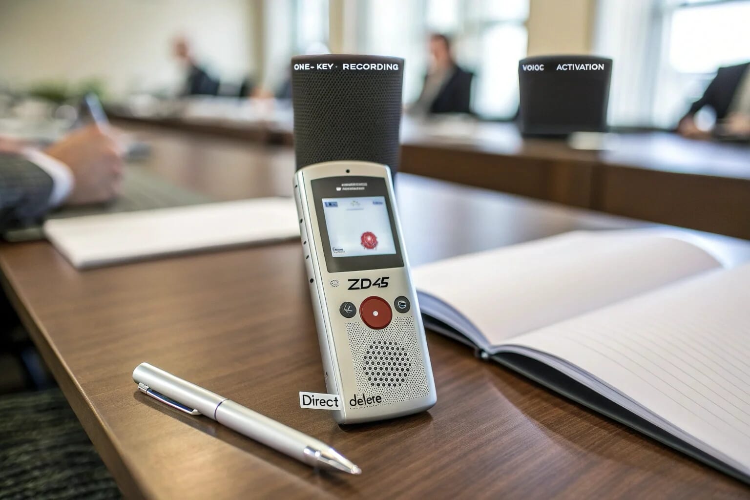 L'enregistreur vocal ZD46 présenté dans un contexte professionnel, avec des icônes pour l'enregistrement en une seule touche, l'activation vocale et une corbeille pour la suppression.