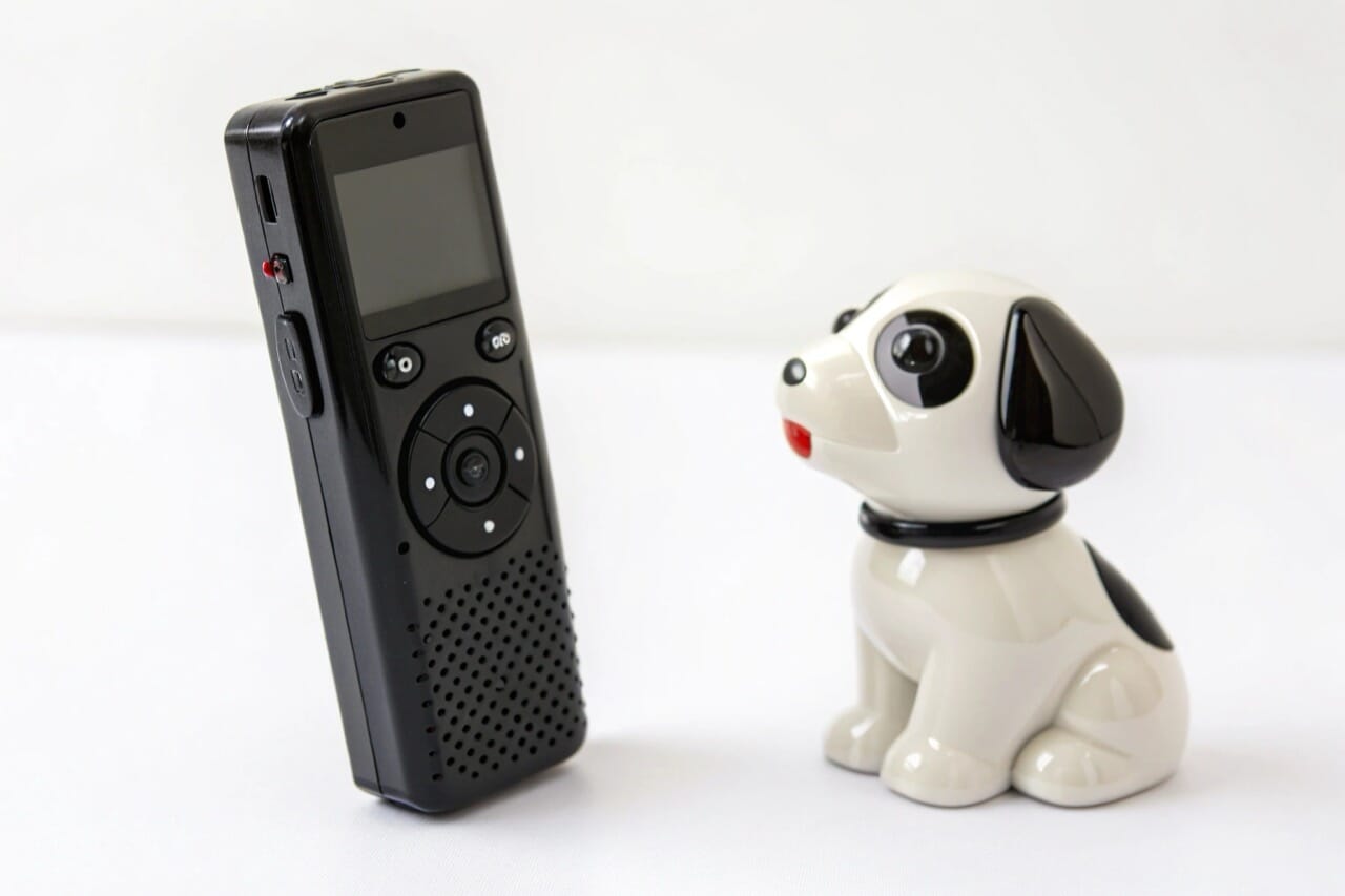 Comparison shot showing a standard black digital voice recorder next to a puppy shaped novelty recorder